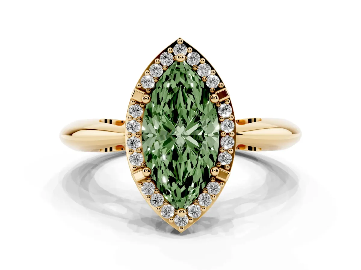 Fancy Green Marquise Cut Cut Diamond Halo Engagement Ring with Split Shank and Four-Prong Setting Yellow gold