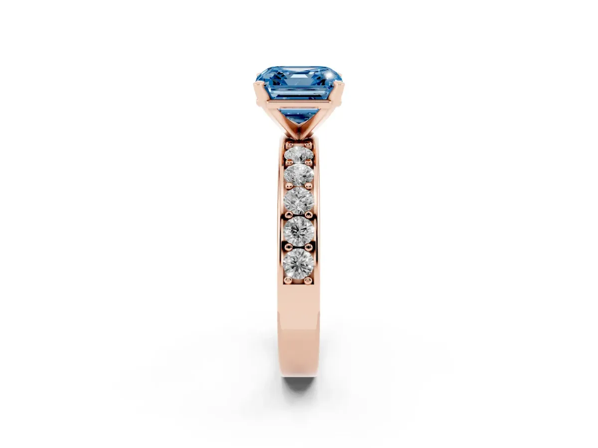 Fancy Blue Asscher Cut Diamond Engagement Ring with Channel Set Round Band and Prong Setting Rose gold