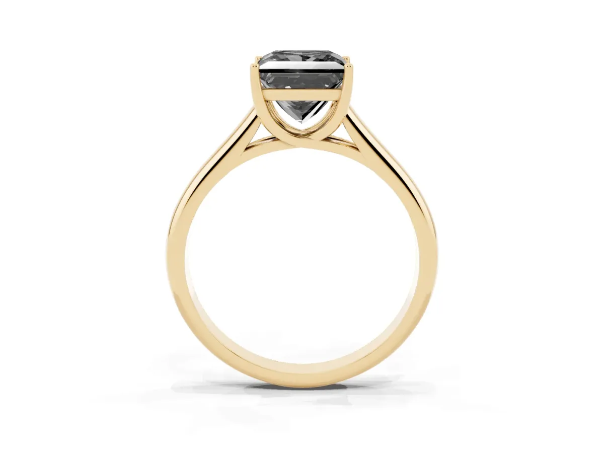 Fancy Black Princess Cut Solitaire Engagement Ring with Tapered Band and Four-Prong Setting Yellow gold