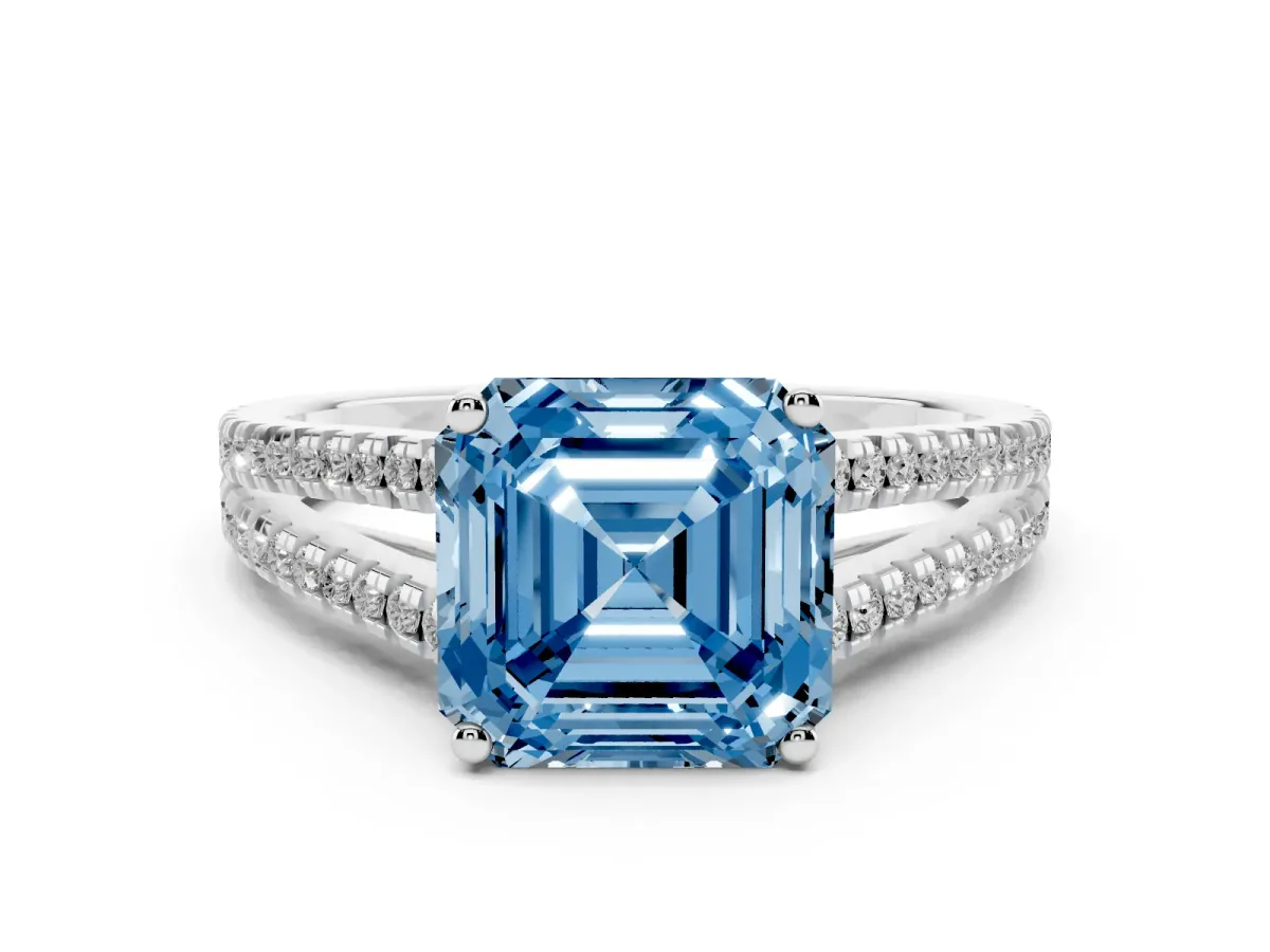 Fancy Blue Asscher Cut Diamond Solitaire Engagement Ring with Split Shank Pavé Band Platinum
