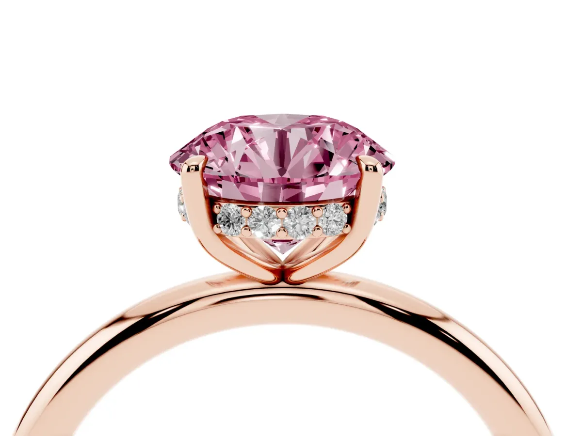 Fancy Pink Round Cut Diamond Solitaire Ring with Thin Band and Four-Prong Setting Rose gold