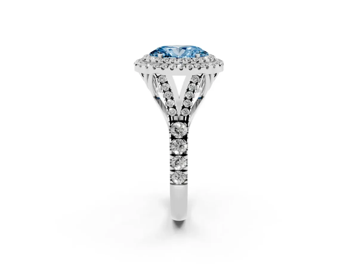 Fancy Blue Double Halo Oval Cut Diamond Split Shank Engagement Ring with Four-Prong Setting Silver