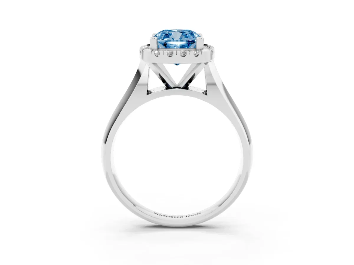 Fancy Blue Cushion Cut Cut Halo Solitaire Engagement Ring with Square Band and Four-Prong Setting White gold