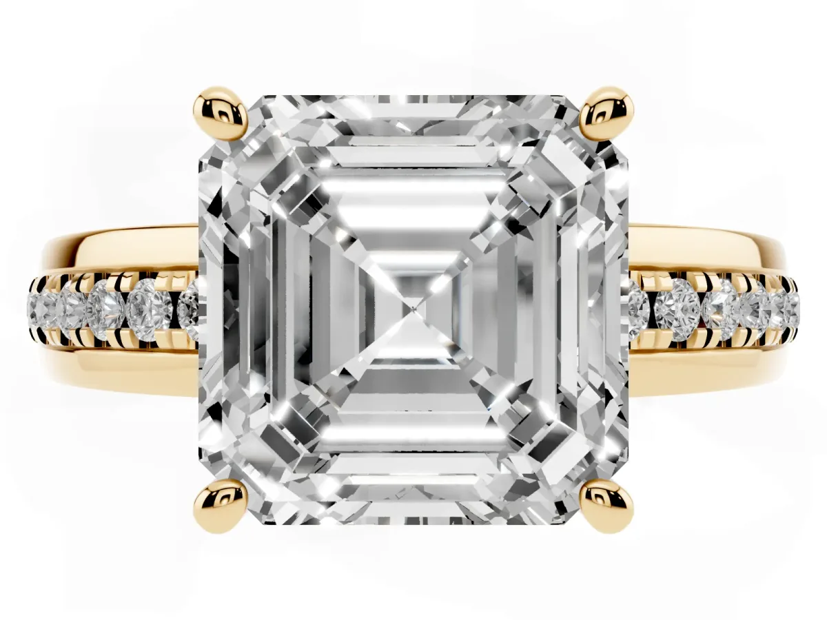Asscher Cut Solitaire Diamond Ring with Channel Set Band and Six-Prong Setting Yellow gold