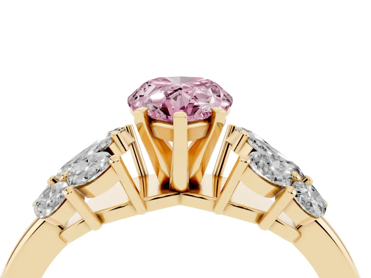 Fancy Pink Pear Cut Diamond Cluster Leaf Design Ring with Prong Setting Yellow gold