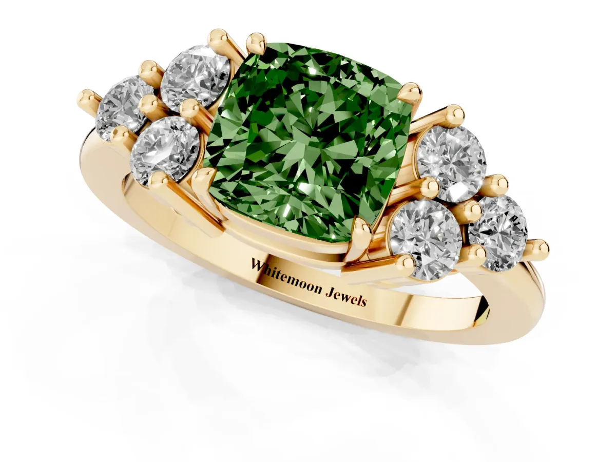 Fancy Green Cushion Cut Brilliant Diamond Cluster Accent Solitaire Ring with Prong Setting Yellow gold