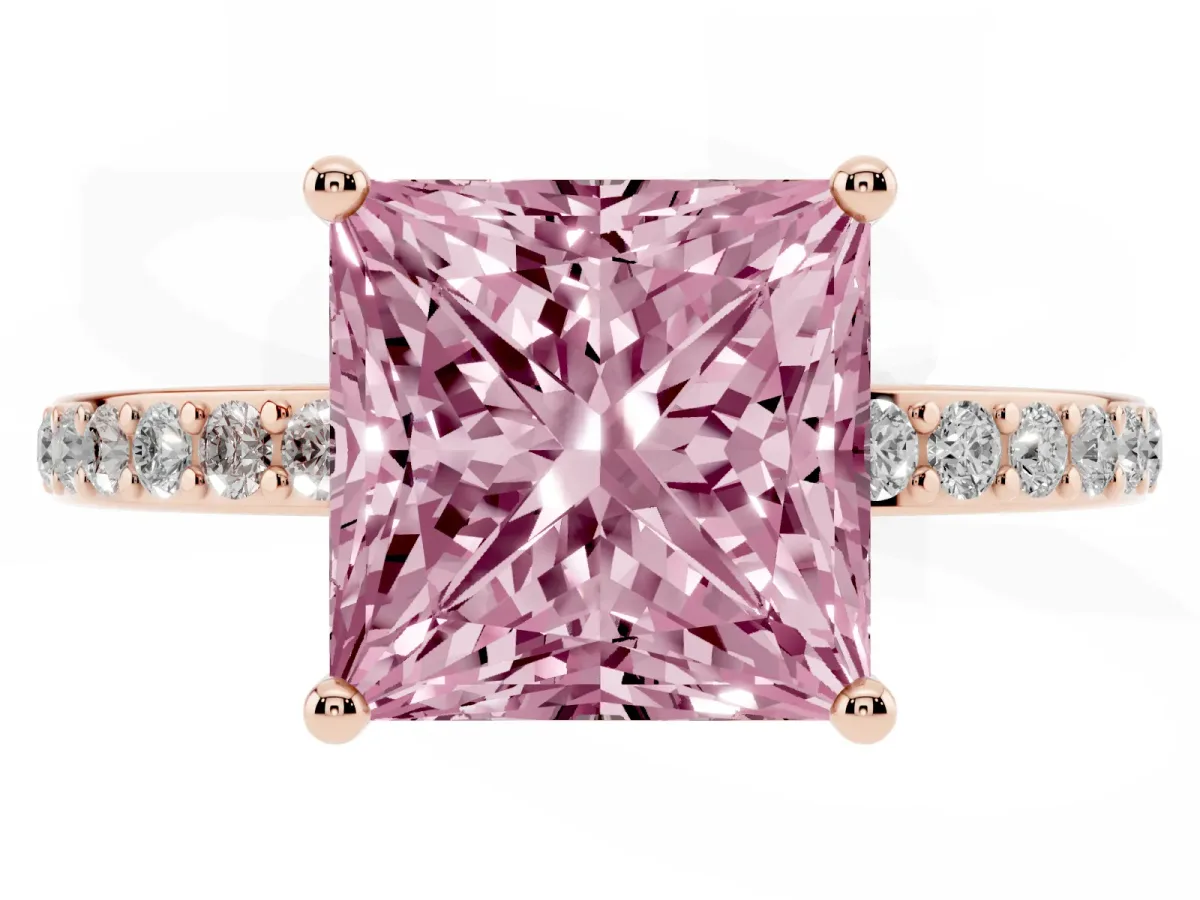 Fancy Pink Princess Cut Cut Diamond Pavé Band Ring with Four-Prong Setting Rose gold