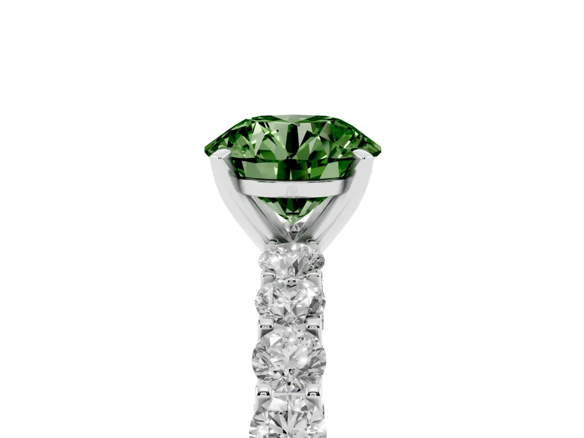 Fancy Green Round Cut Diamond Solitaire Ring with Shared Prong Pavé Band and Four-Prong Setting Silver
