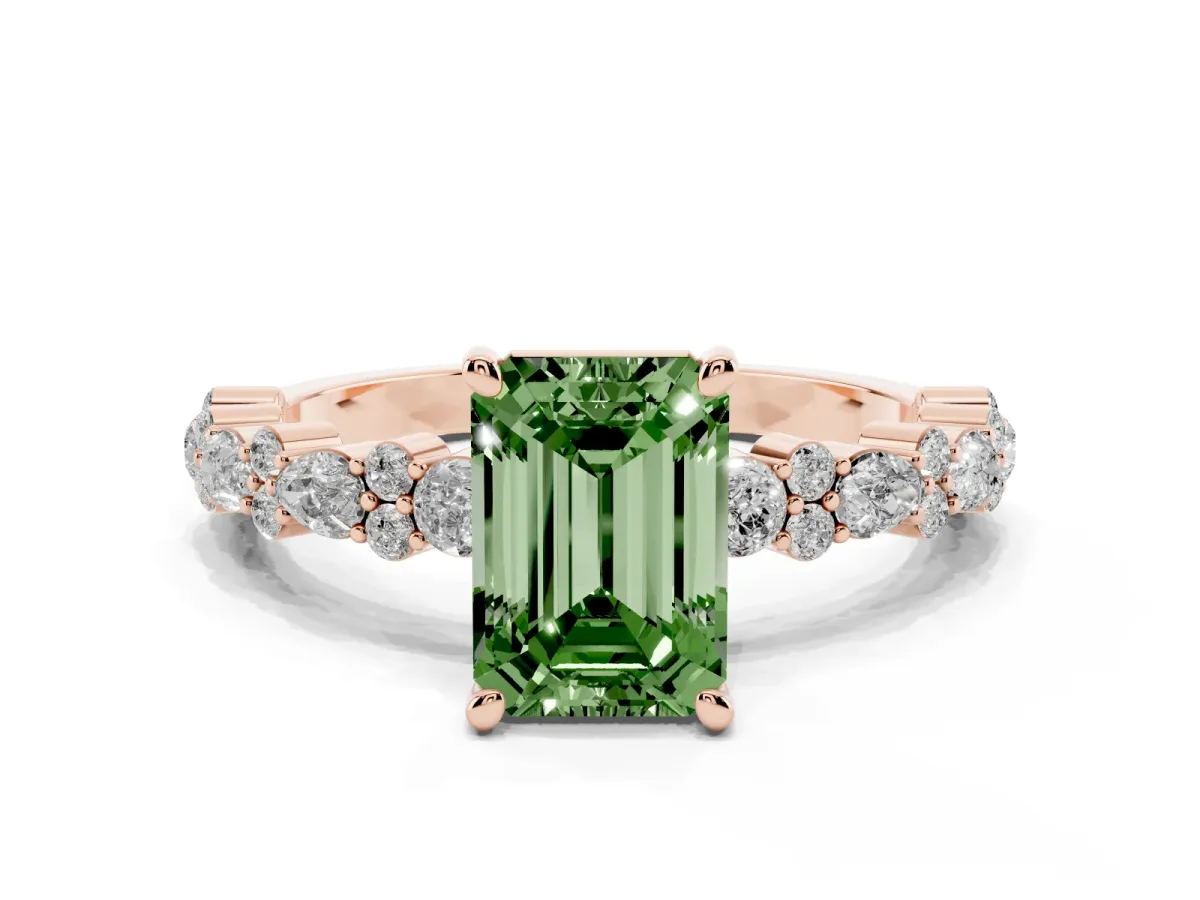Fancy Green Emerald Cut Diamond Side Stone Solitaire Ring with Round and Four-Prong Setting Rose gold