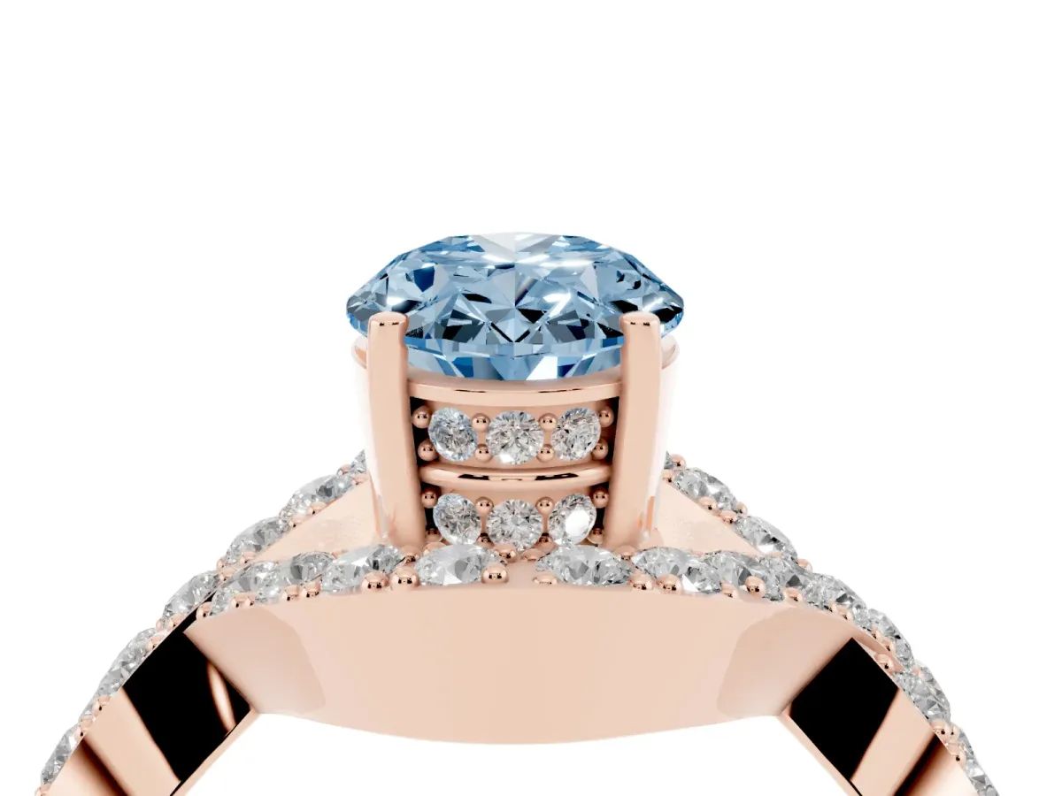 Fancy Blue Oval Cut Solitaire Twist Band Pavé Diamond Engagement Ring Rose gold