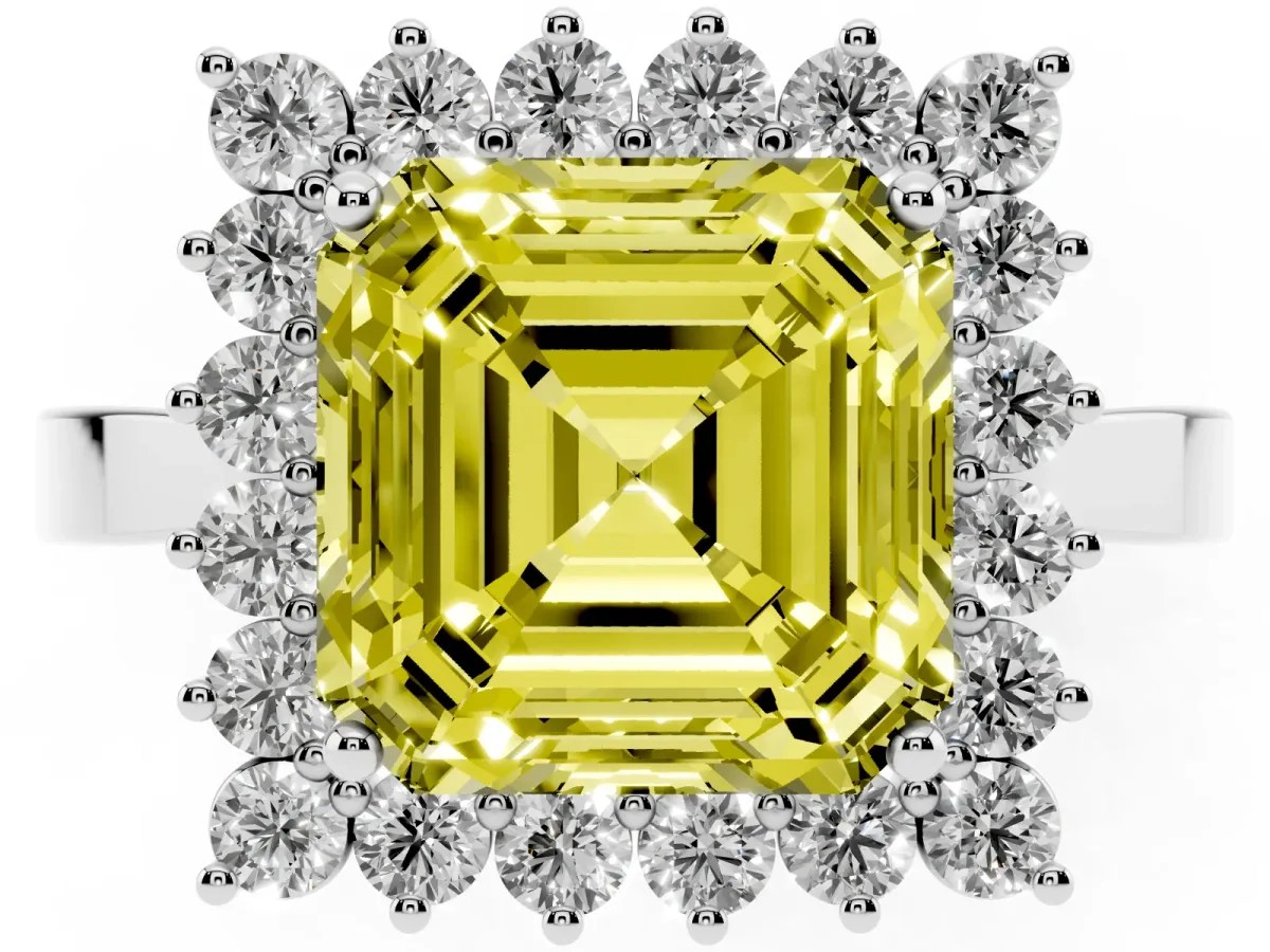 Fancy Yellow Asscher Cut Cut Diamond Halo Ring with Round Brilliant Halo and Solitaire Band Platinum