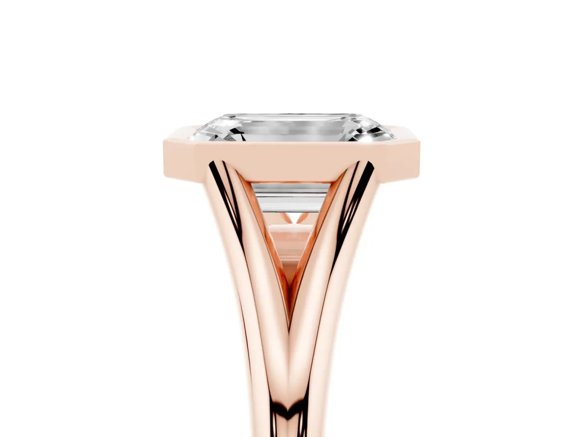 Bezel Set Emerald Cut Cut Solitaire Ring with Tapered Band Rose gold