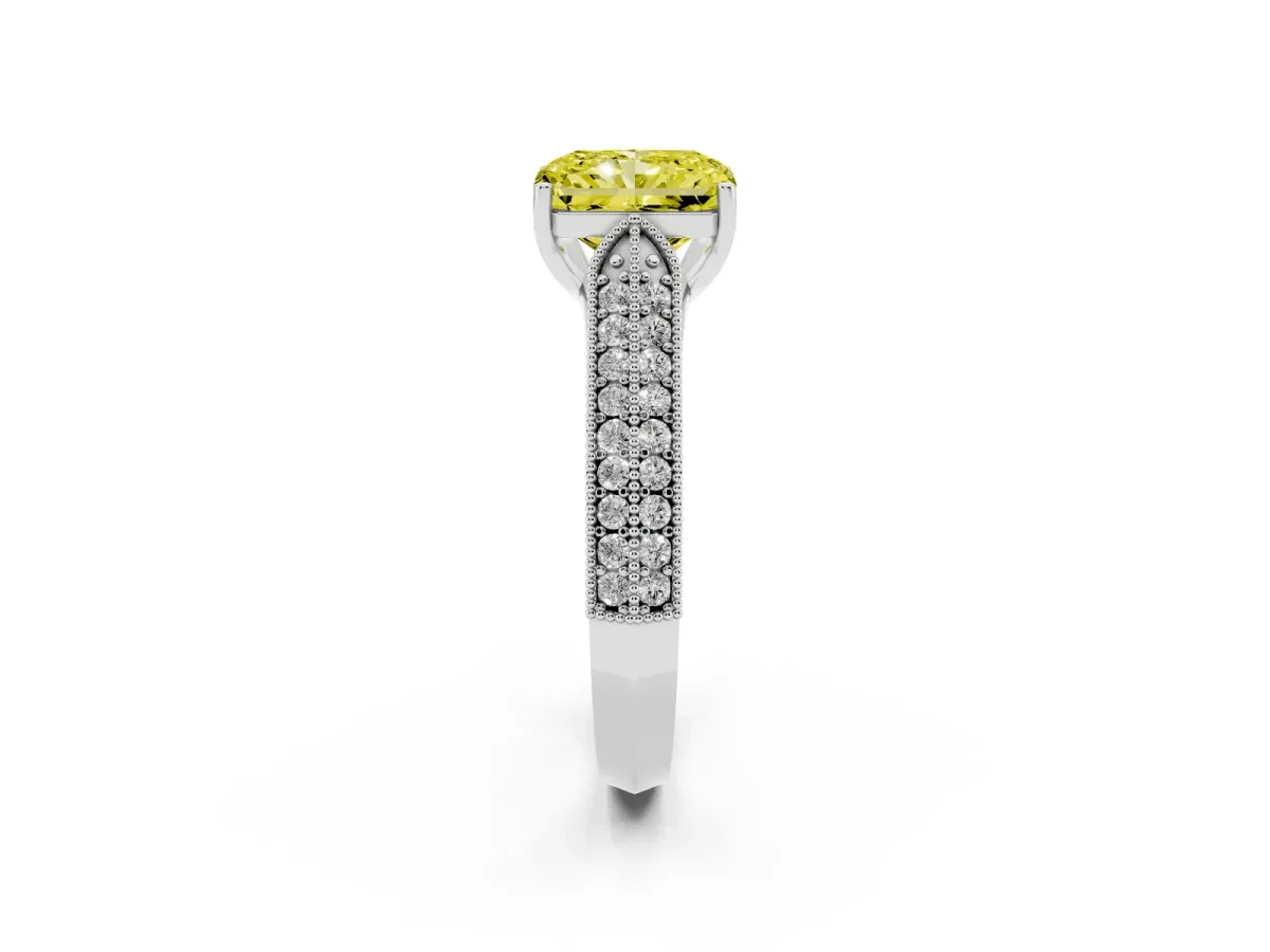 Fancy Yellow Radiant Cut Cut Pave Split Shank Engagement Ring with Four-Prong Setting Platinum