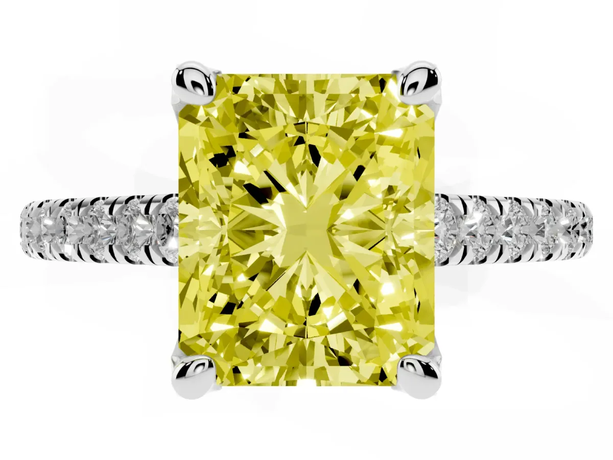 Fancy Yellow Radiant Cut Brilliant Diamond Solitaire with Pavé Band and Four-Prong Setting Platinum