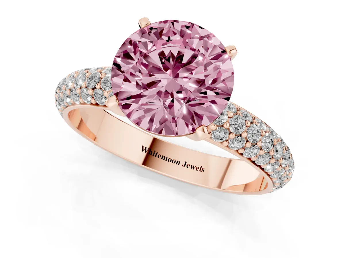 Fancy Pink Round Cut Diamond Solitaire Ring with Prong Setting and Pavé Band Rose gold