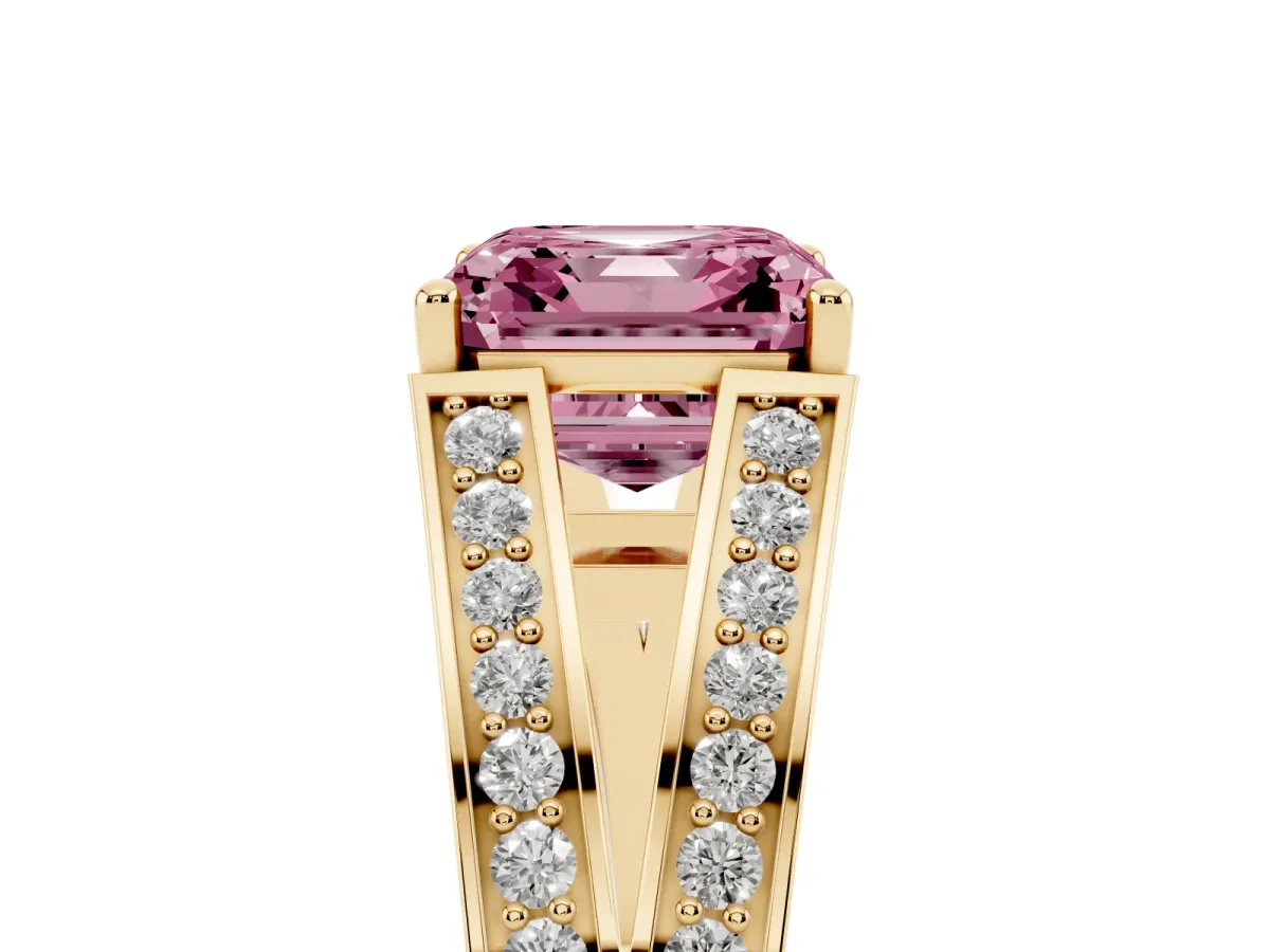Fancy Pink Asscher Cut Diamond Split Shank Ring with Pavé Band and Four-Prong Setting Yellow gold