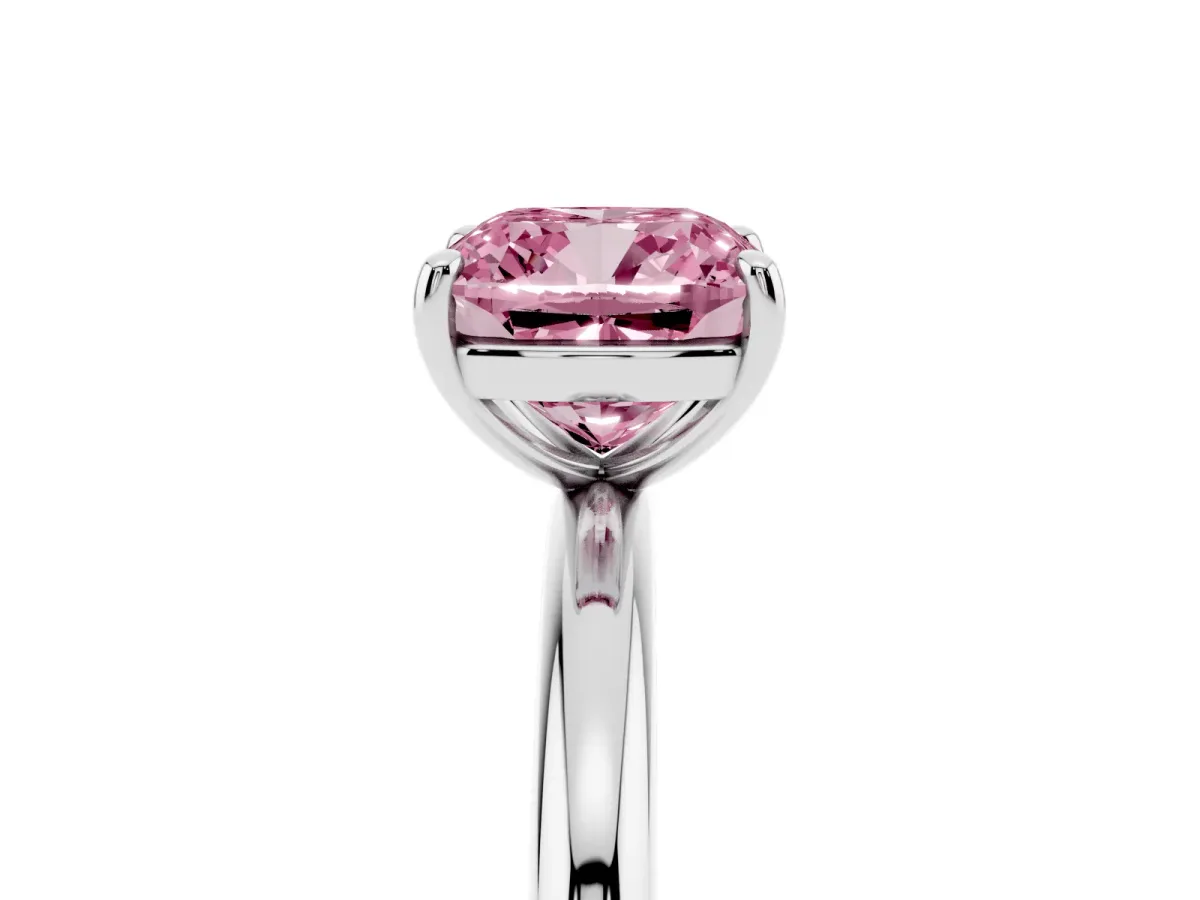 Fancy Pink Cushion Cut Solitaire Diamond Ring with Four-Prong Setting on a Plain Band Silver