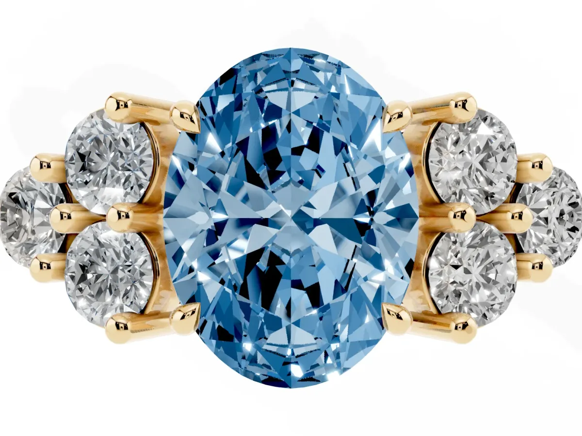 Fancy Blue Oval Cut Brilliant Diamond Cluster Accent Solitaire Ring with Prong Setting Yellow gold