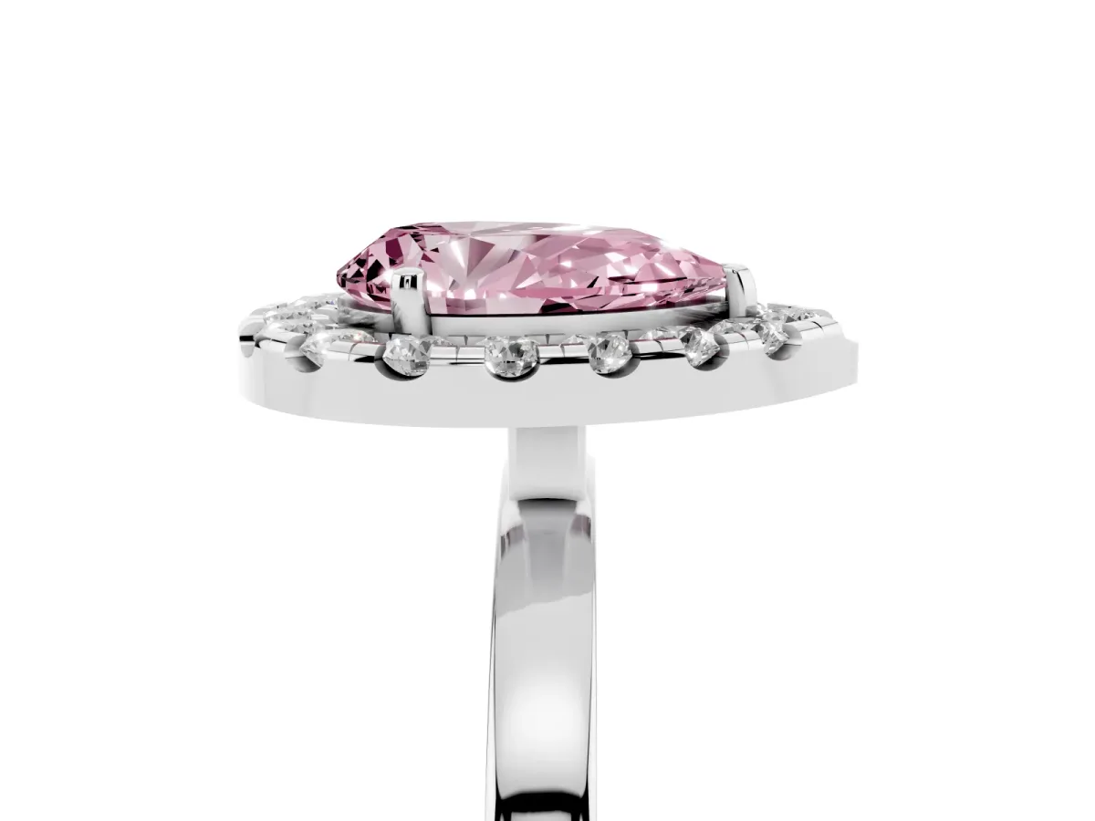 Fancy Pink Pear Cut Halo Diamond Solitaire with Pavé Band and Four-Prong Setting Platinum