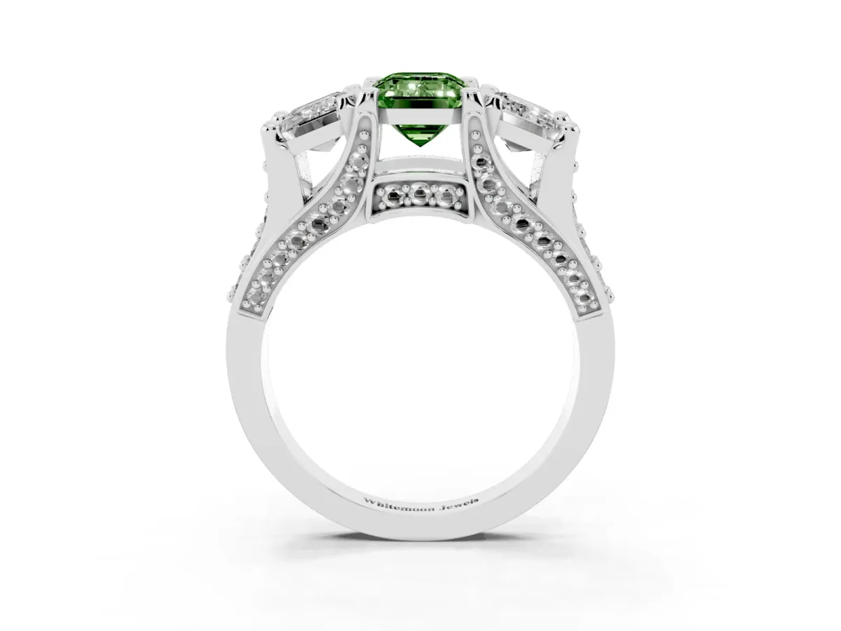 Fancy Green Emerald Cut Diamond Three-Stone Ring with Channel Set Band and Four-Prong Setting Platinum