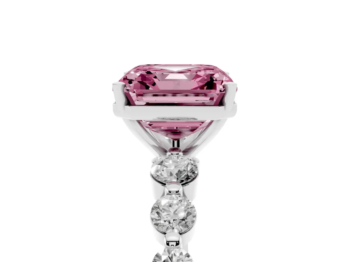 Fancy Pink Asscher Cut Solitaire Diamond Ring with Pave Band and Four-Prong Setting Silver