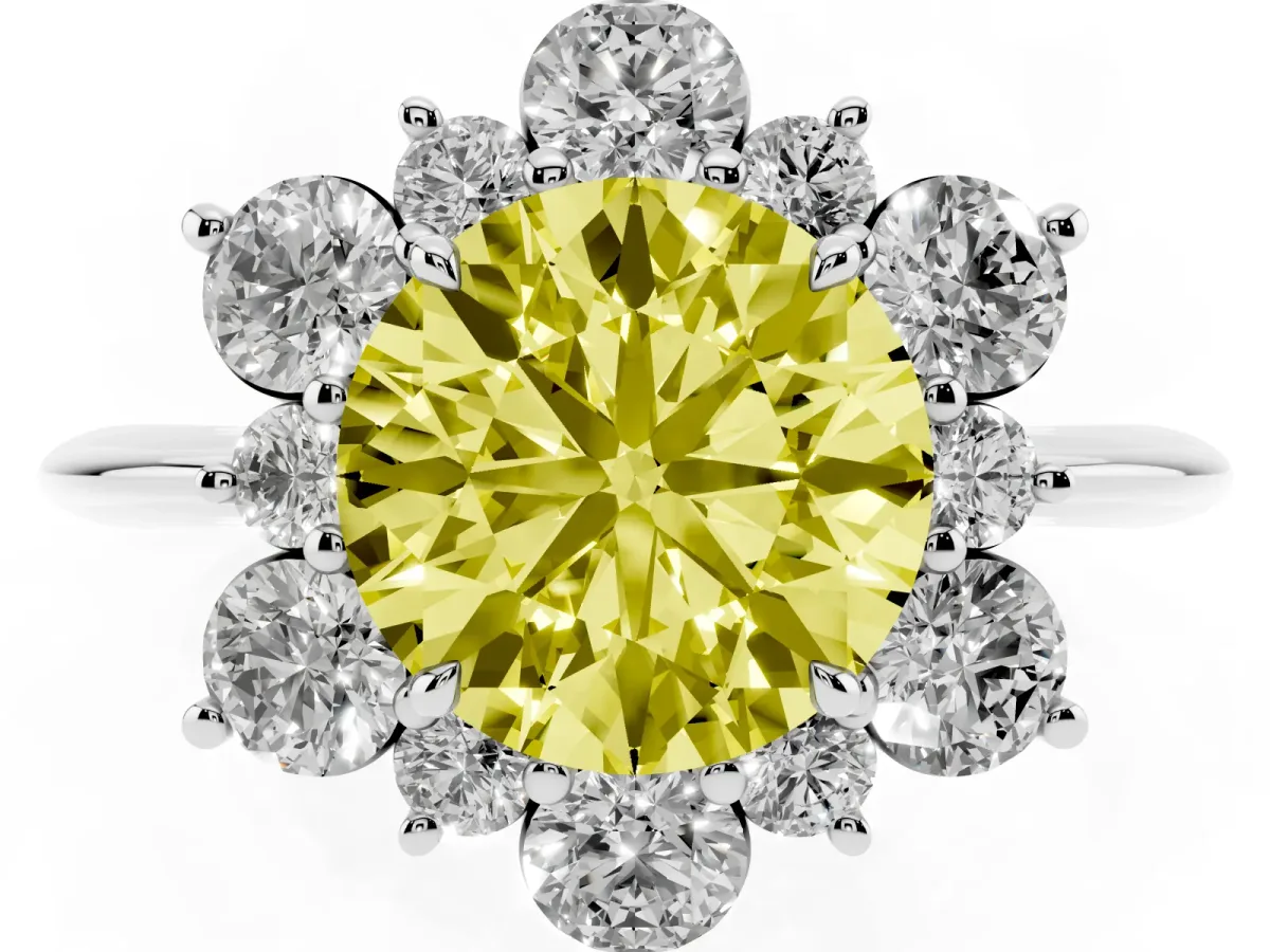 Fancy Yellow Round Cut Diamond Cluster Halo Ring with Solitaire Band and Four-Prong Setting White gold