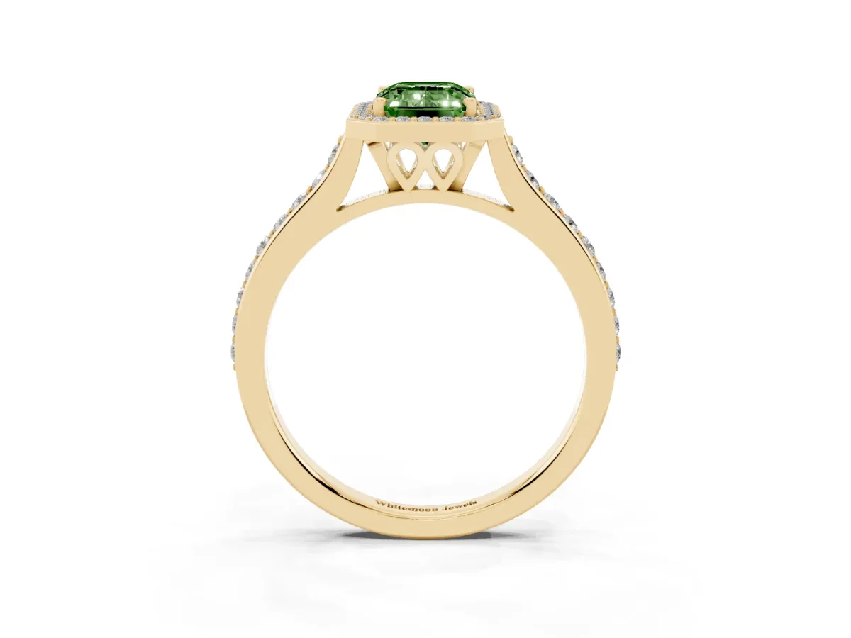 Fancy Green Emerald Cut Diamond Halo Engagement Ring with Round Pavé Shoulders and Prong Setting Yellow gold