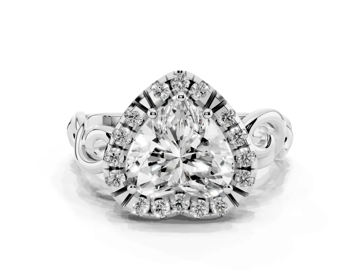 Heart Cut Cut Halo Diamond Ring with Scrollwork Band and Four-Prong Setting Platinum