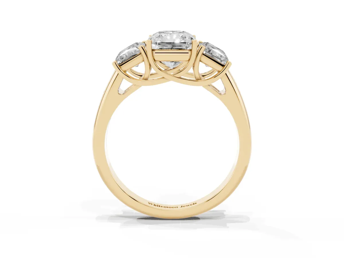 Three-Stone Radiant Cut Diamond Engagement Ring with Prong Setting Yellow gold
