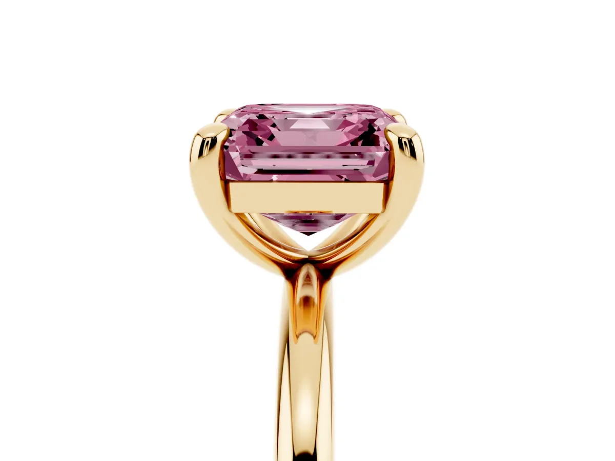 Fancy Pink Asscher Cut Solitaire Diamond Ring with Four-Prong Setting on a Plain Band Yellow gold