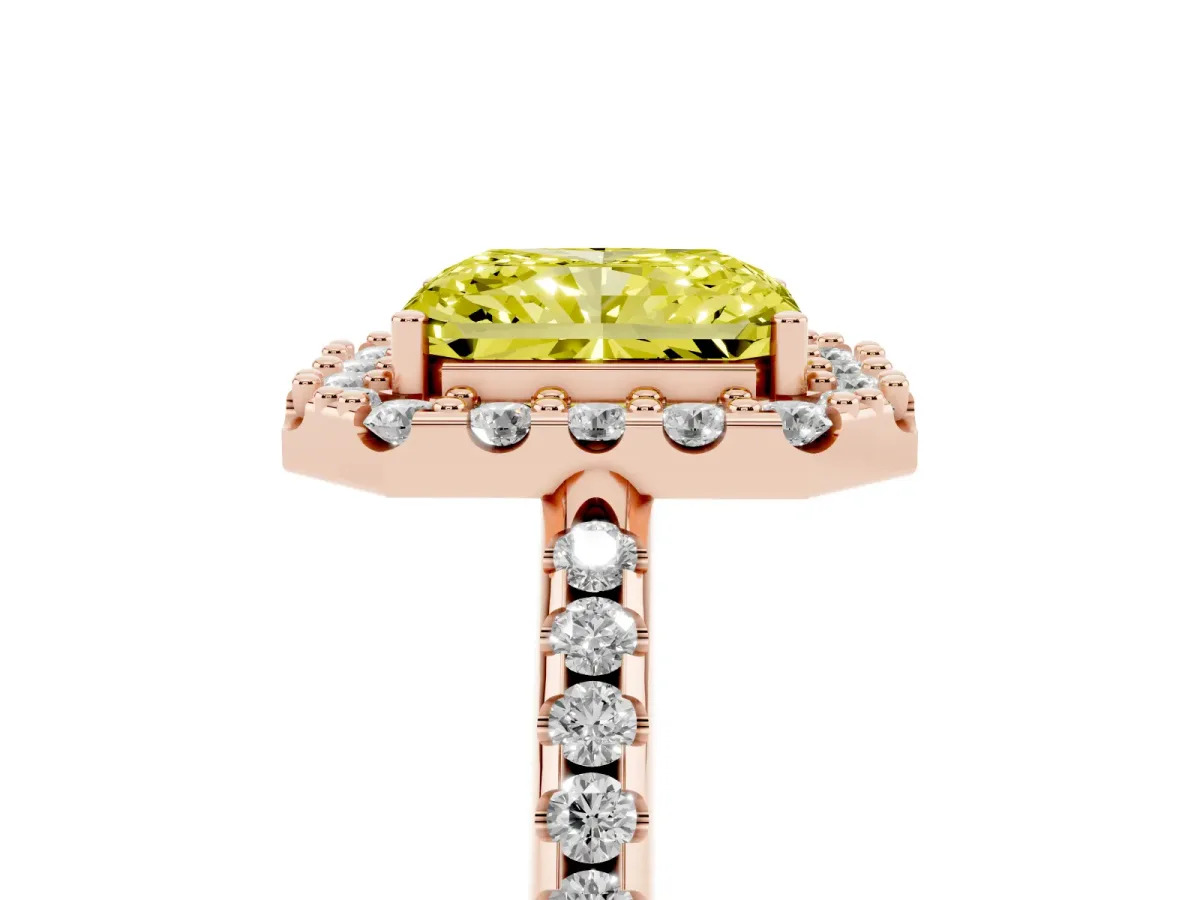 Fancy Yellow Radiant Cut Diamond Pavé Halo Ring with Four-Prong Setting Rose gold