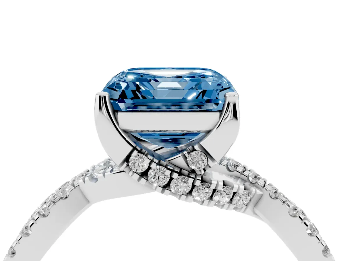 Fancy Blue Asscher Cut Solitaire Twist Pave Diamond Engagement Ring with Prong Setting Platinum