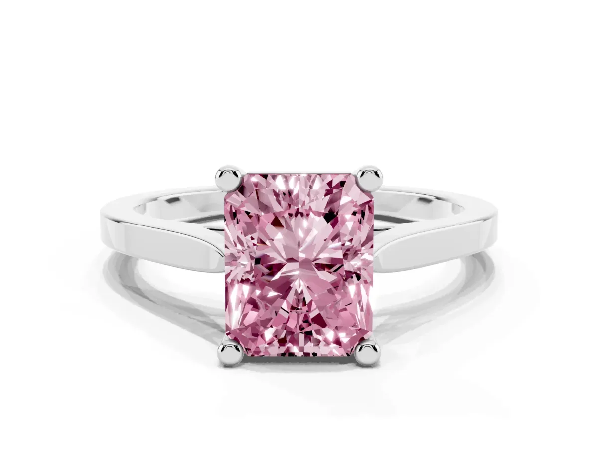 Fancy Pink Radiant Cut Solitaire Diamond Ring with Four-Prong Setting and Tapered Band White gold
