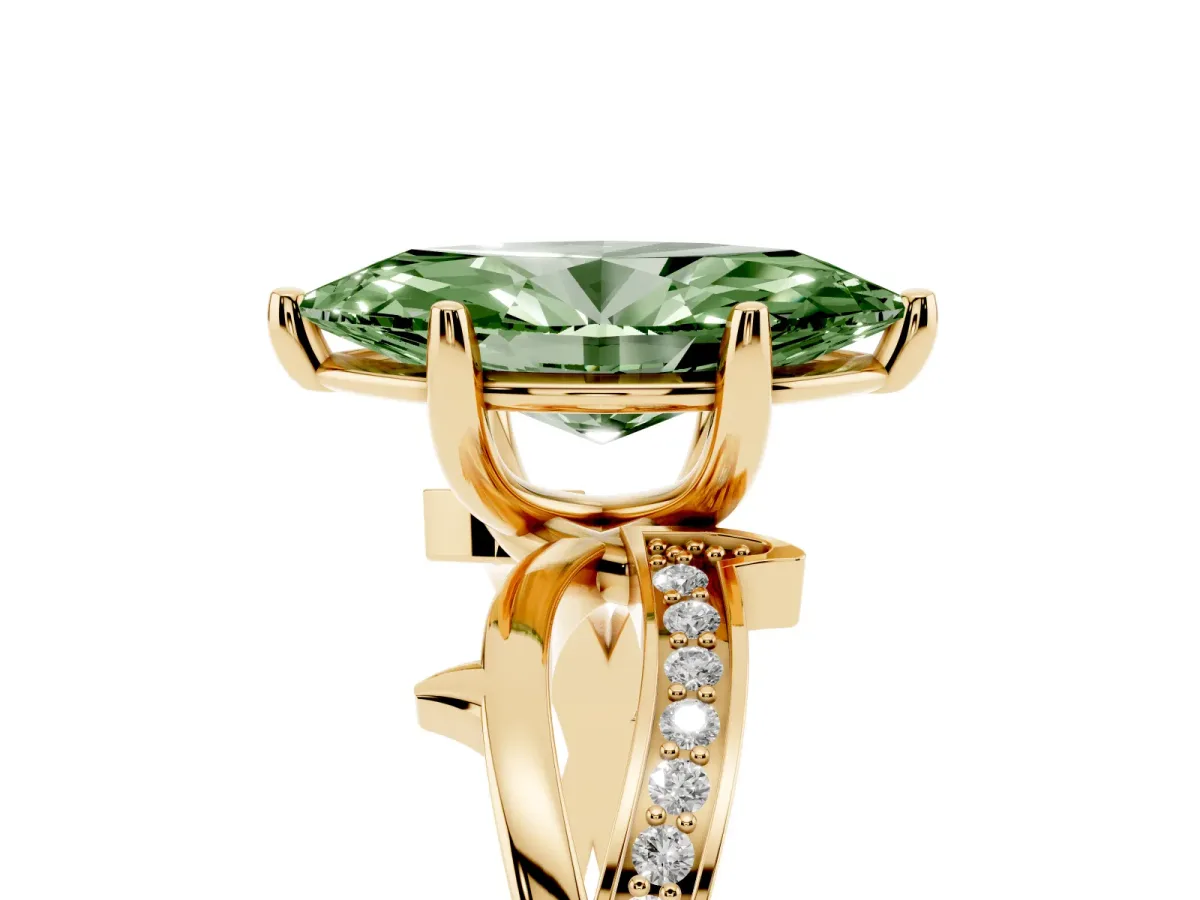 Fancy Green Marquise Cut Solitaire Twist Band with Pavé Accents and Four-Prong Setting Yellow gold