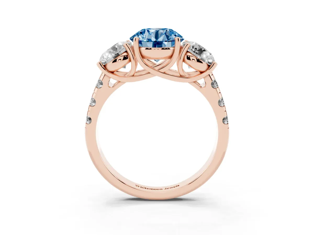 Fancy Blue Three-Stone Round Cut Diamond Pavé Band with Prong Setting Rose gold