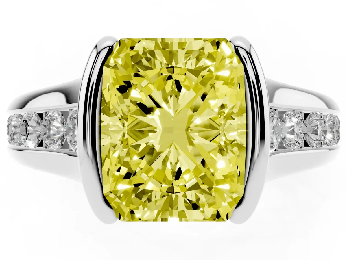 Fancy Yellow Radiant Cut Solitaire Bezel-Set Diamond Ring with Channel-Set Band Silver