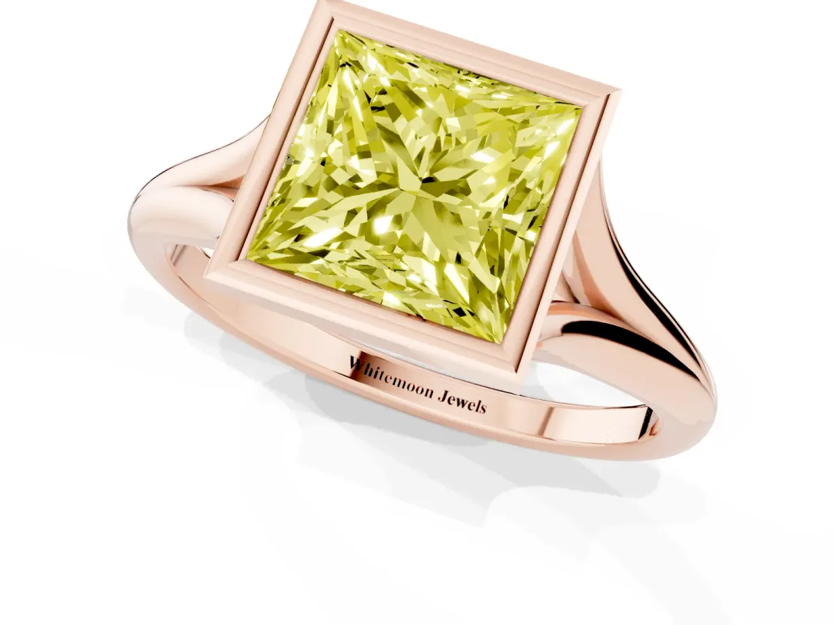 Fancy Yellow Bezel Set Princess Cut Cut Solitaire Ring with Tapered Band Rose gold