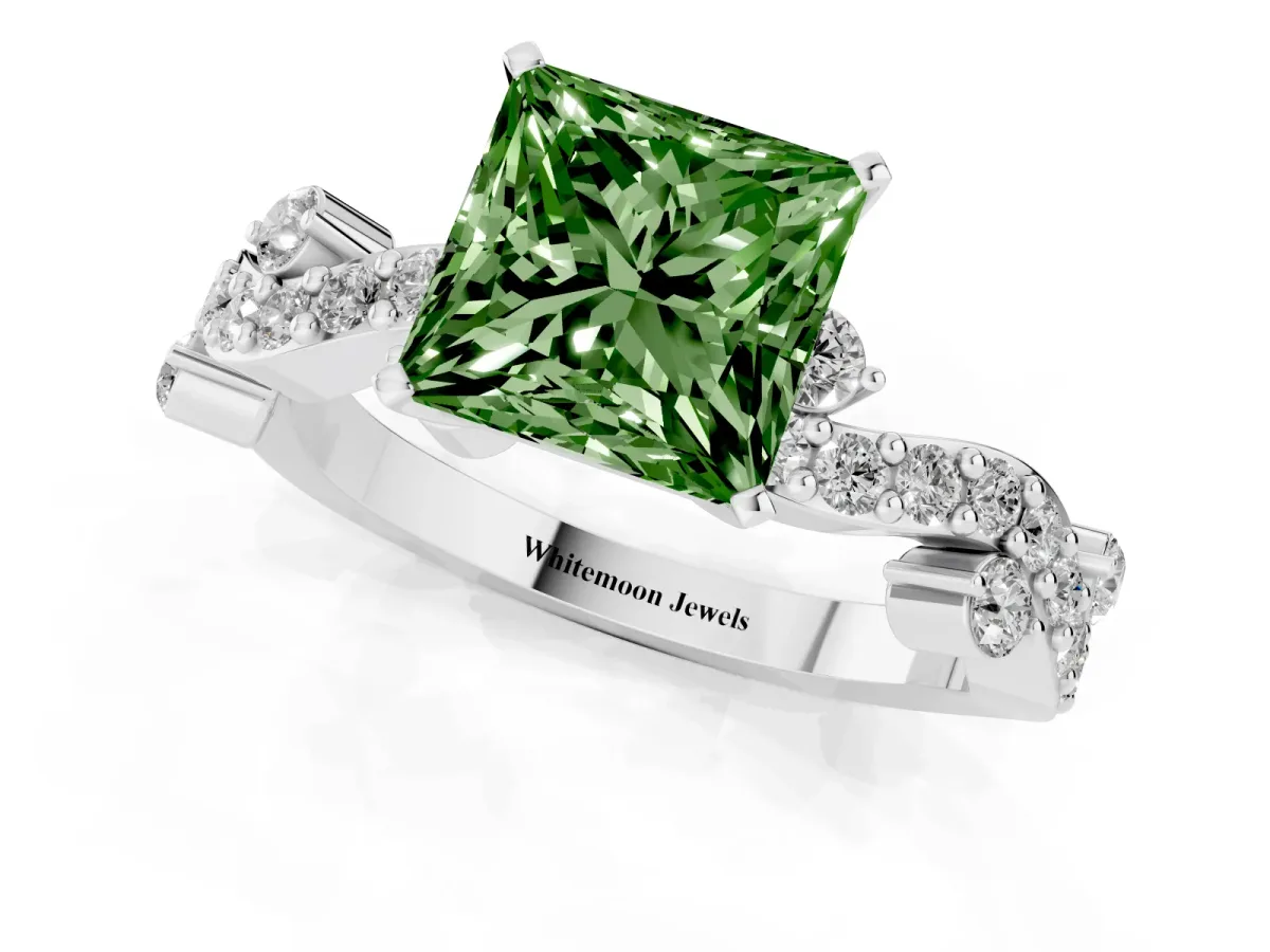 Fancy Green Princess Cut Cut Solitaire Diamond Twisted Band with Pave Setting Platinum