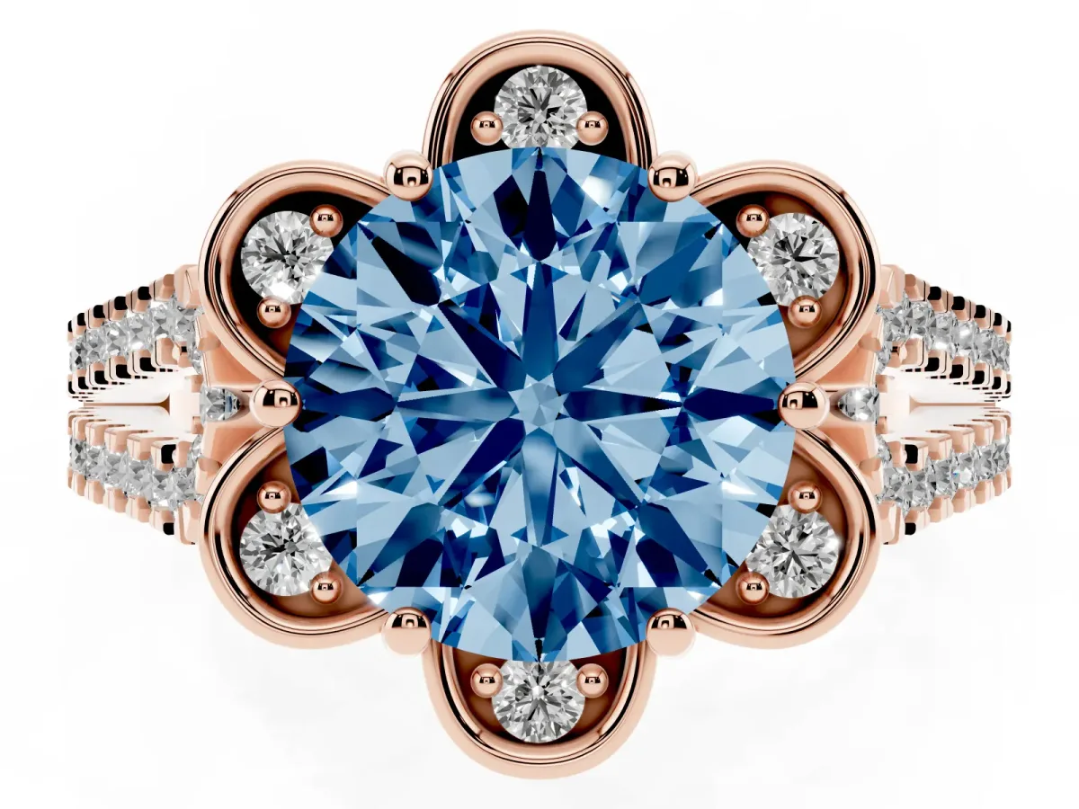 Fancy Blue Round Cut Halo Diamond Floral Split Shank Engagement Ring Rose gold