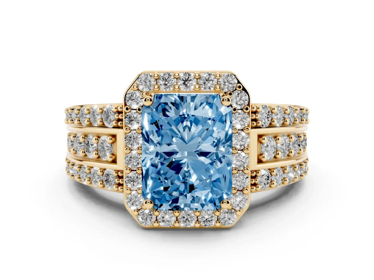 Fancy Blue Radiant Cut Halo Diamond Ring with Round Split Shank and Prong Setting Yellow gold