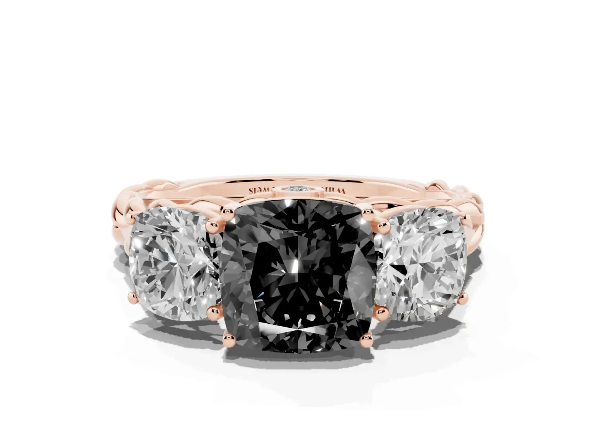 Fancy Black Three-Stone Cushion Cut Diamond Braided Band Ring with Four-Prong Setting Rose gold