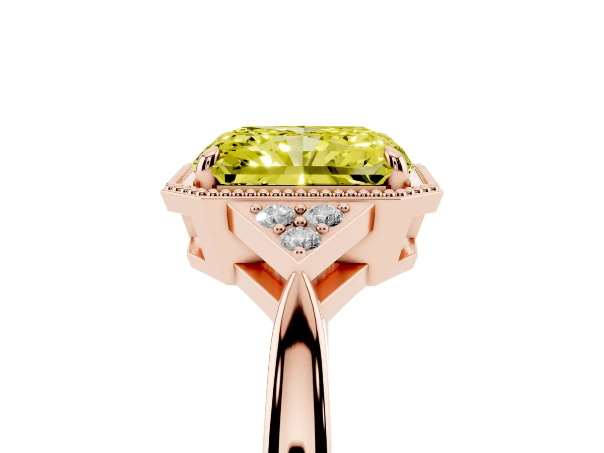 Fancy Yellow Radiant Cut Diamond Halo Ring with Tapered Band and Four-Prong Setting Rose gold