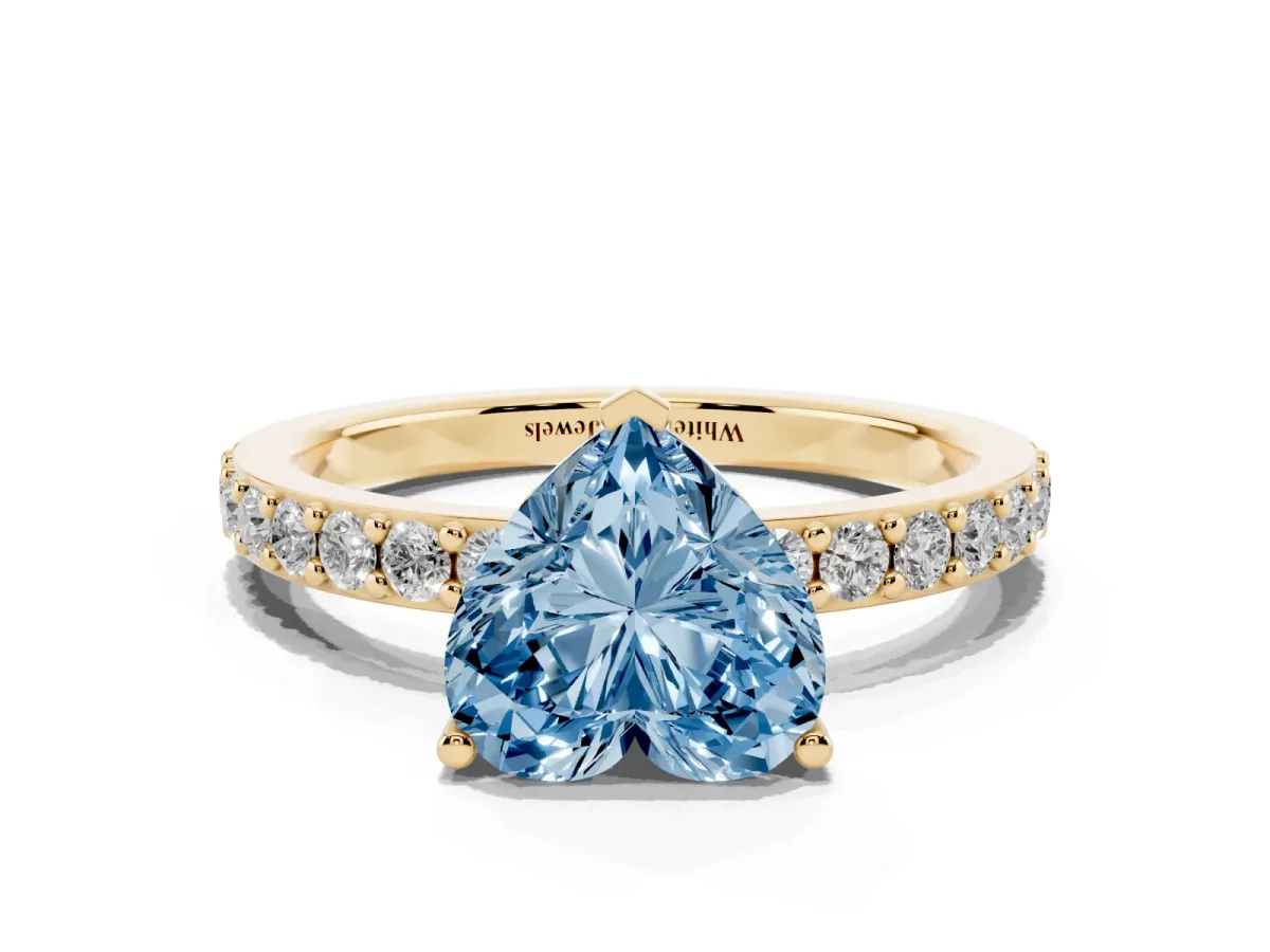 Fancy Blue Heart Cut Cut Diamond Solitaire with Pave Band and Four-Prong Setting Yellow gold