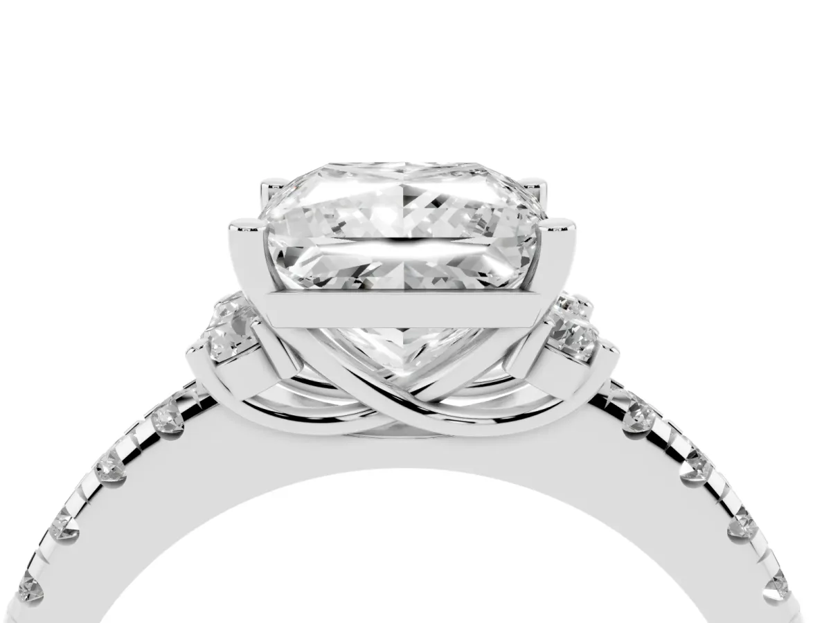 Princess Cut Diamond Three-Stone Pave Band with Four-Prong Setting Silver