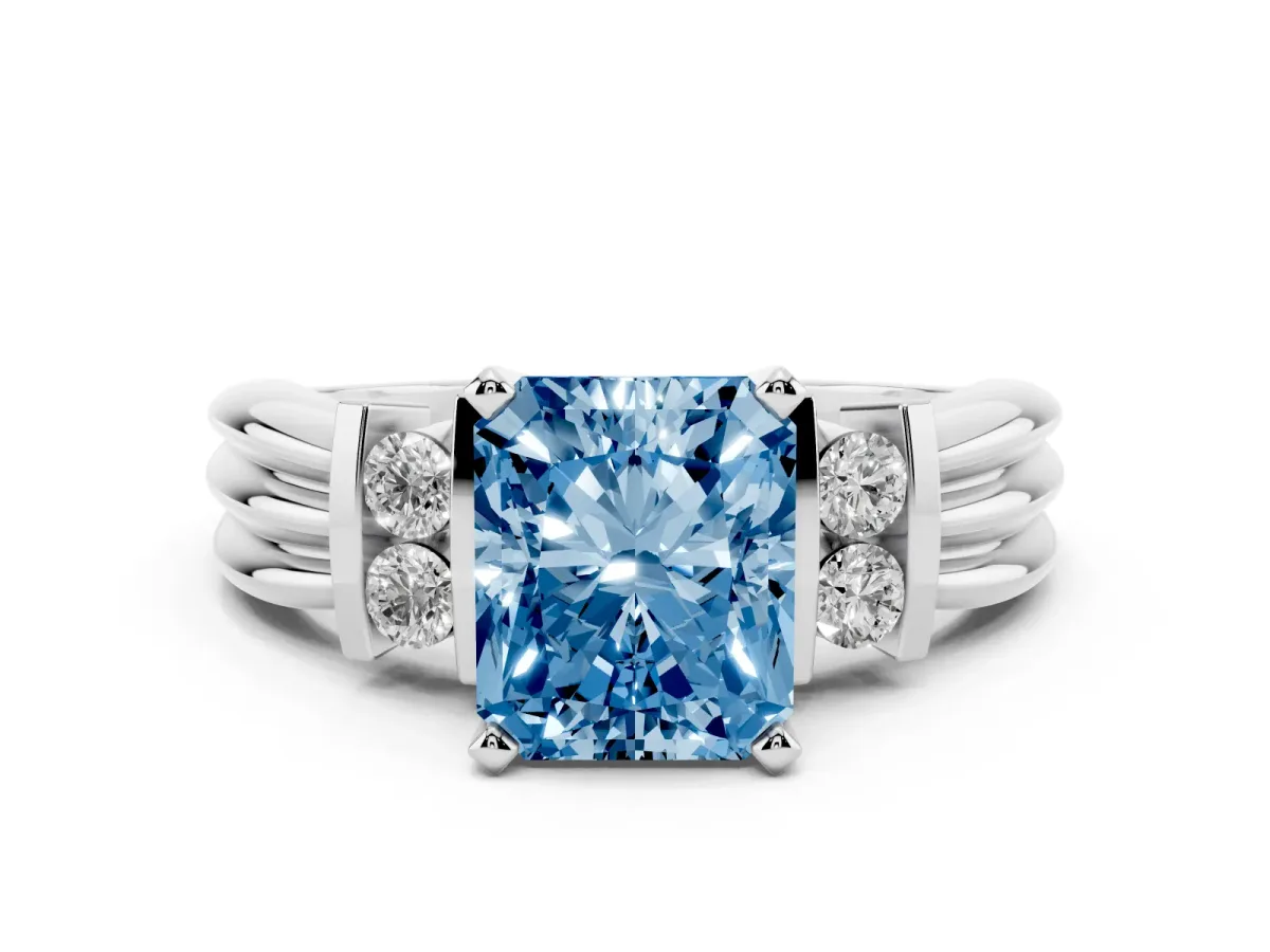Fancy Blue Radiant Cut Cut Three-Stone Channel Set Ring with Bar Prongs Silver