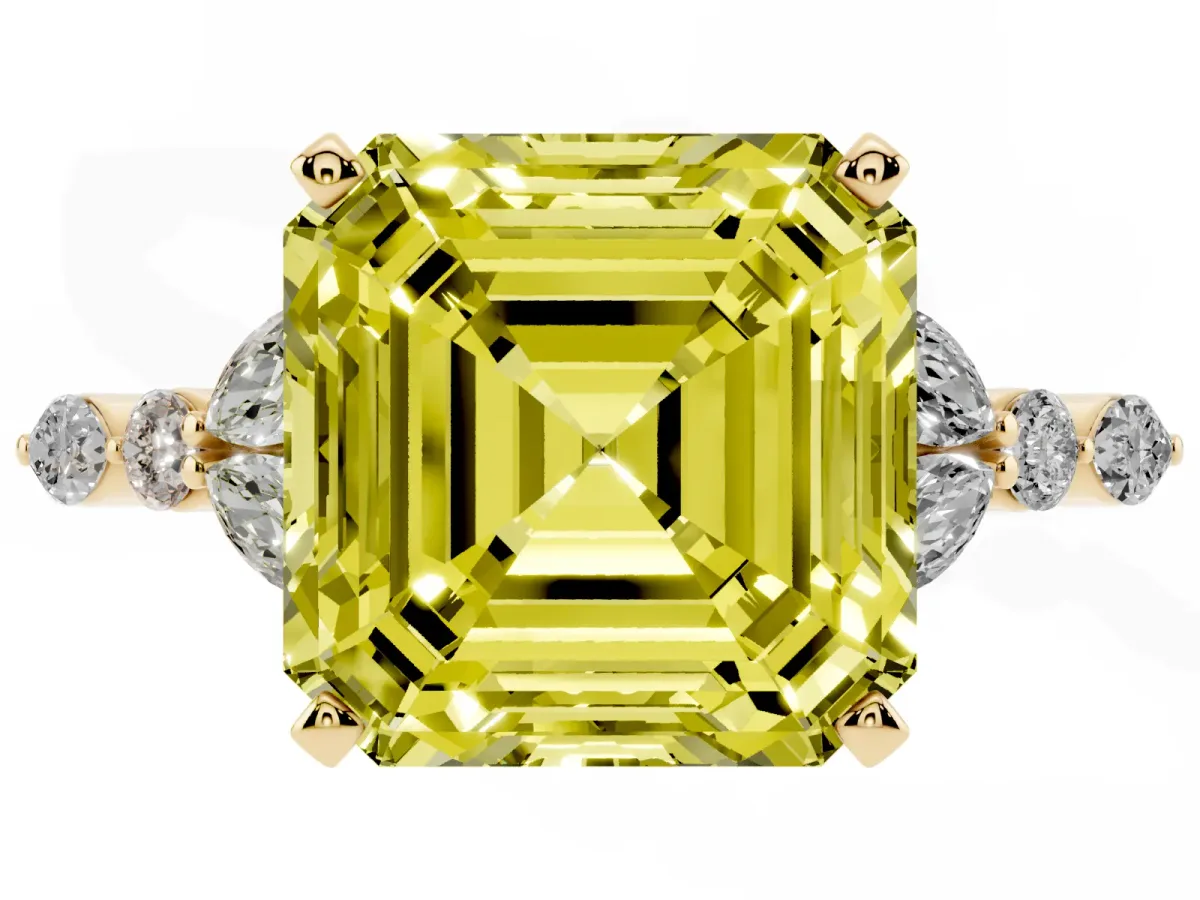 Fancy Yellow Asscher Cut Diamond Solitaire Ring with Side Stones and Four-Prong Setting Yellow gold