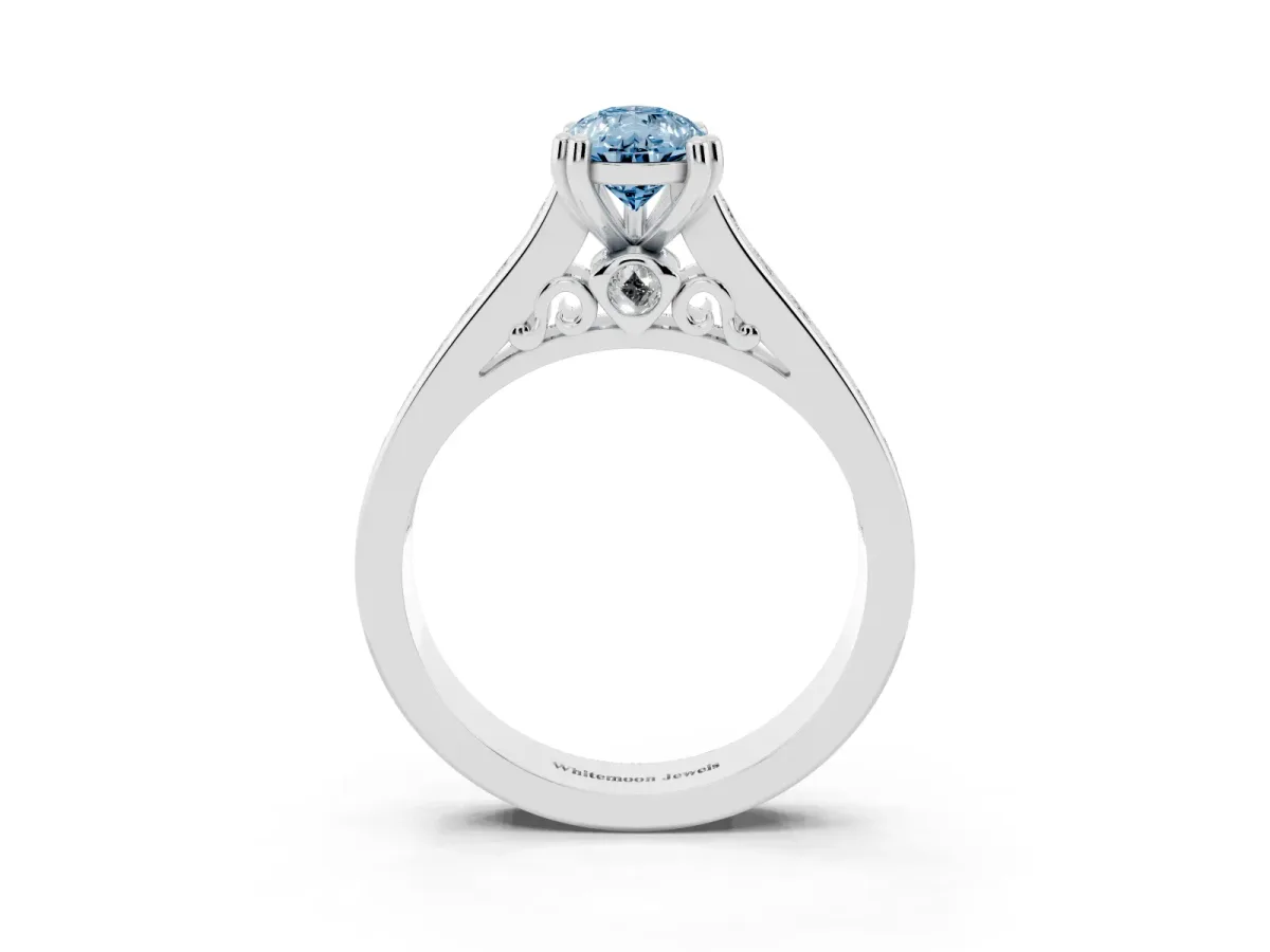 Fancy Blue Pear Cut Cut Channel Set Solitaire Engagement Ring with Prong Setting Silver
