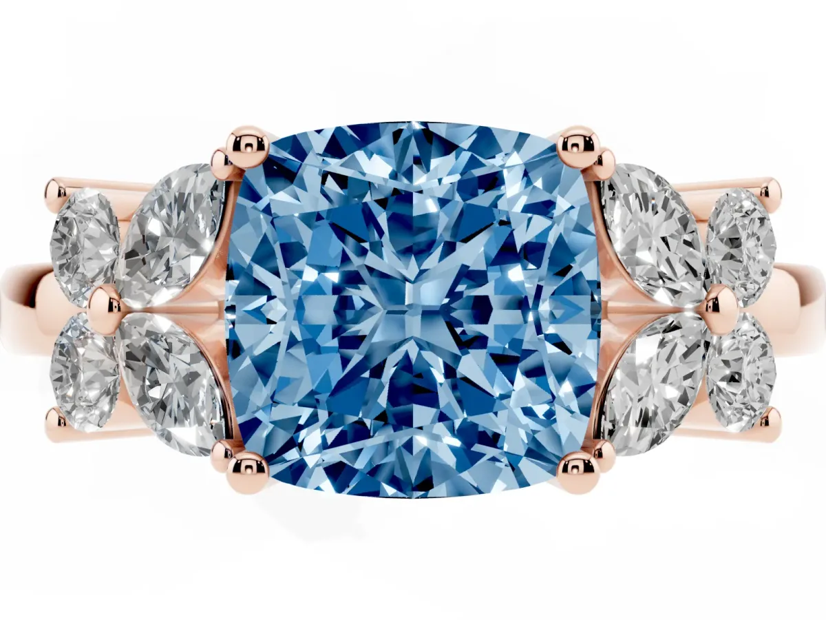 Fancy Blue Cushion Cut Diamond Floral Cluster Ring with Solitaire Band and Prong Setting Rose gold