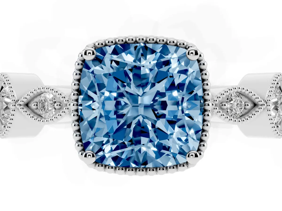 Fancy Blue Cushion Cut Diamond Vintage Milgrain Ring with Round Stations Platinum