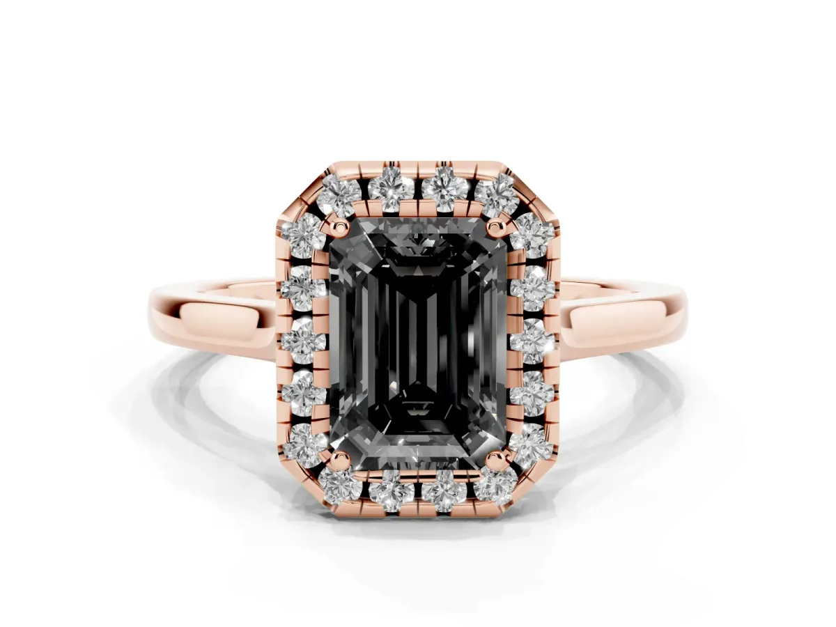 Fancy Black Emerald Cut Halo Round Diamond Solitaire Ring with Pavé Band and Four-Prong Setting Rose gold